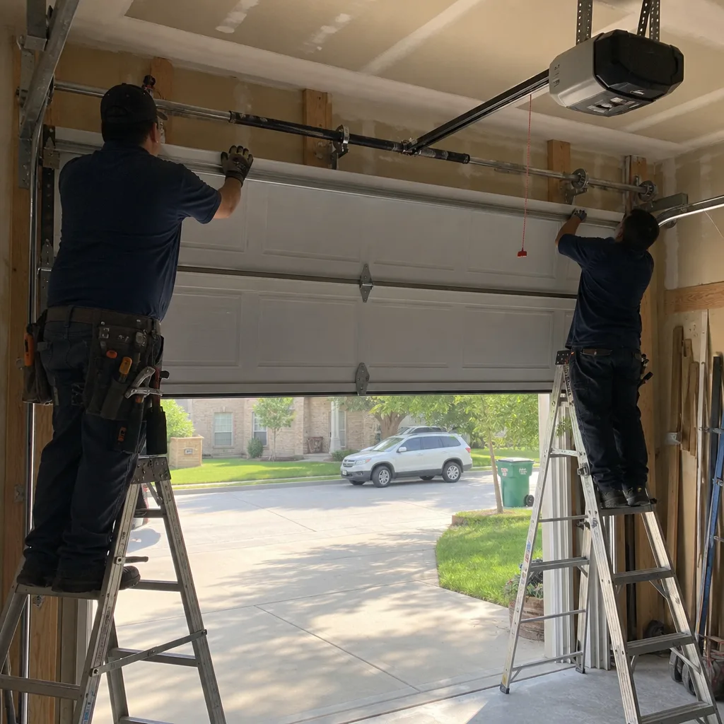 Professional technicians installing a new residential garage door