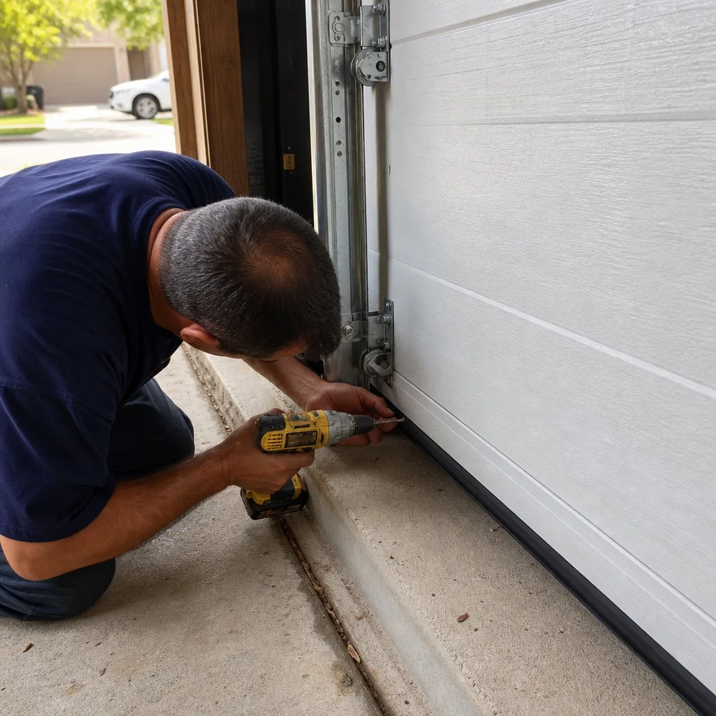 Technician installing weather seal on a garage door with a drill