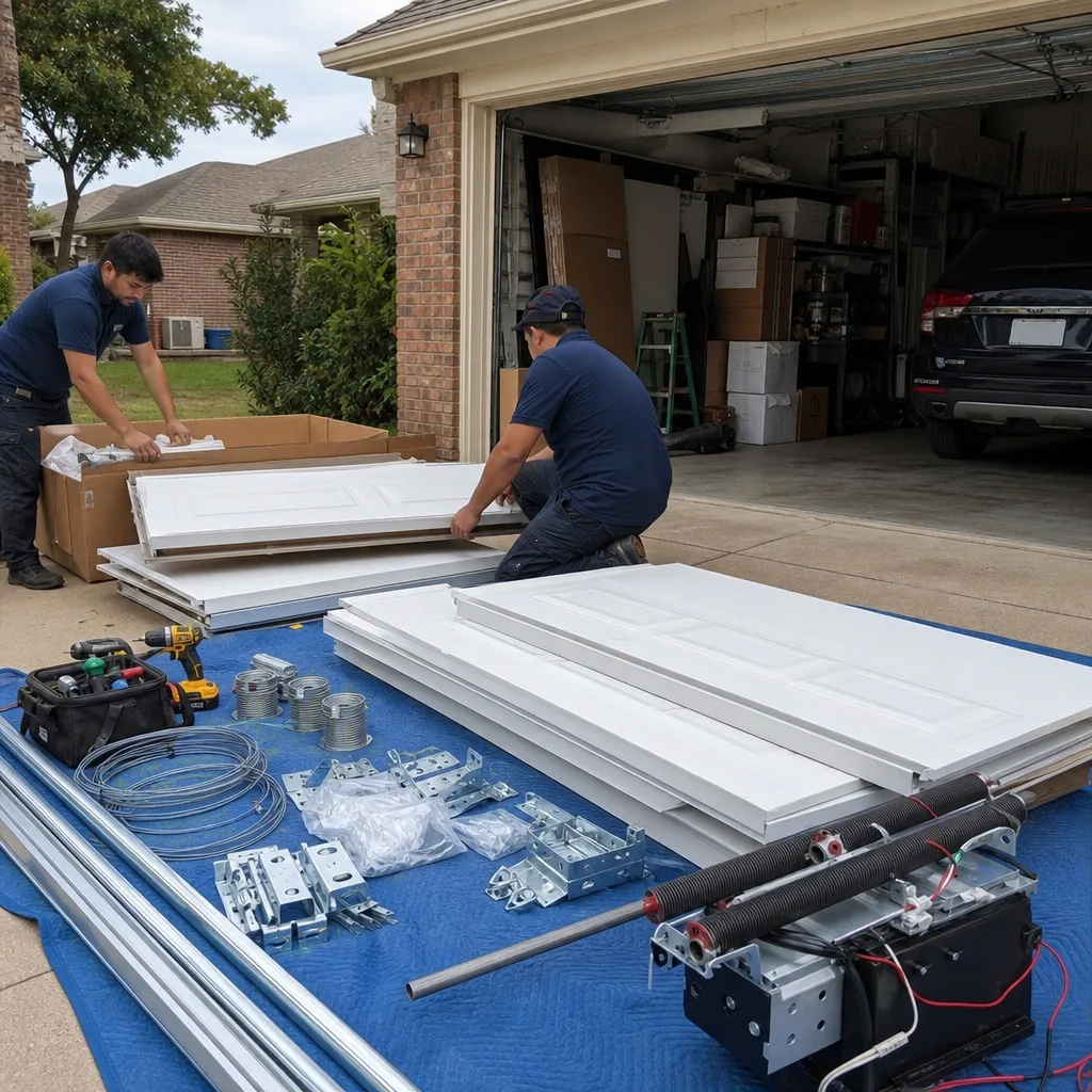 Professional garage door installation technicians with replacement panels and hardware.