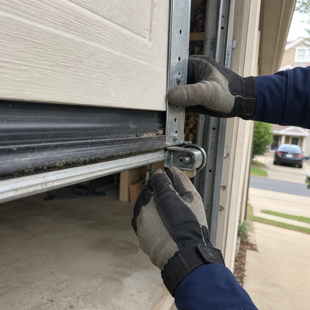Technician performing garage door maintenance and roller repair