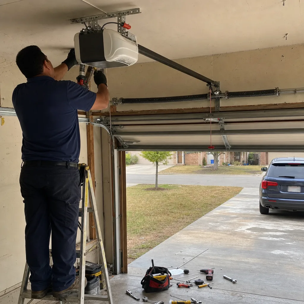 Professional technician installing a residential garage door opener system