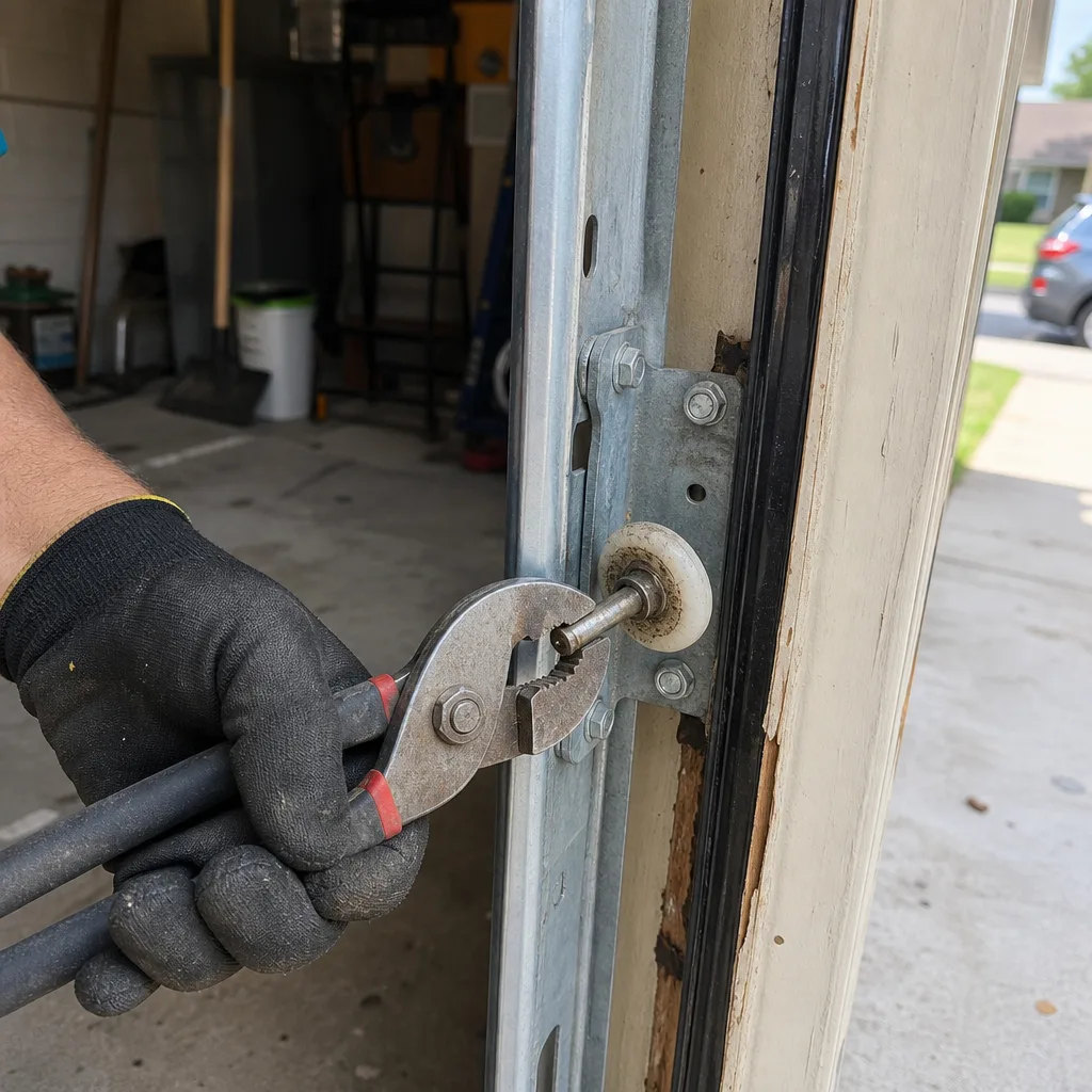 A technician performing a garage door roller repair using pliers