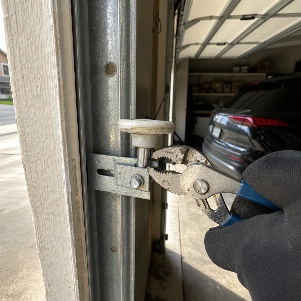 Technician using pliers to adjust a garage door roller on a track