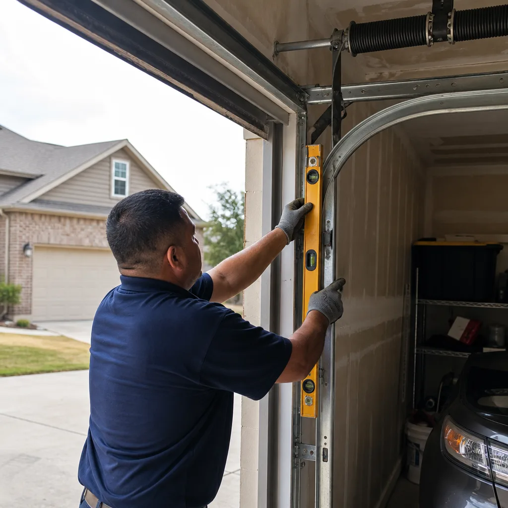 Technician checking garage door track alignment with a level
