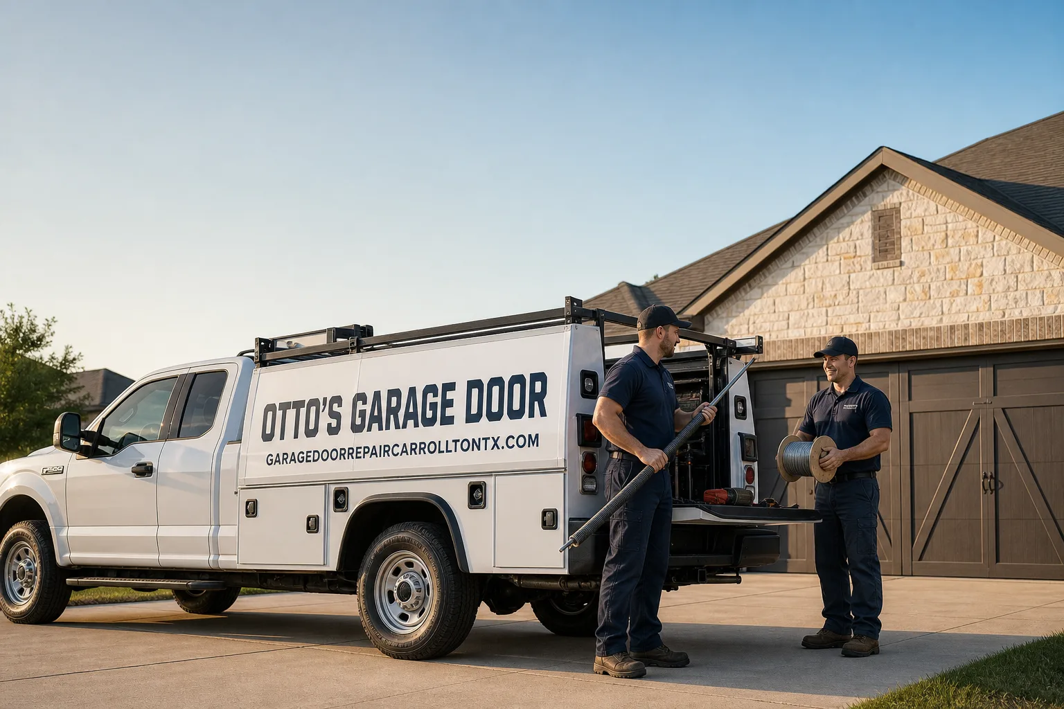 Otto's Garage Door garage door service vehicle and crew in Carrollton, TX